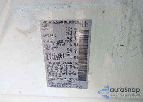 2017 Nissan Rogue Sl z USA, uszkodzony, nr VIN 5N1AT2MV8HC780705